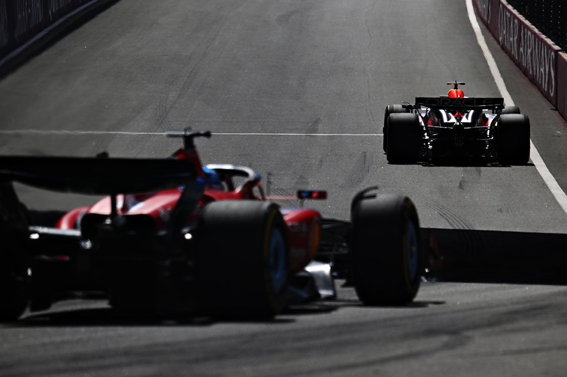 Max Verstappen of Oracle Red Bull Racing RB20 και Charles Leclerc, Ferrari SF-24 