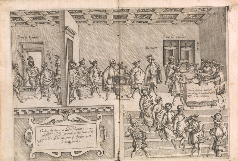 Χαρακτικό από το «Opera di M. Bartolomeo Scappi, cuoco secreto di Papa Pio V», που εκδόθηκε το 1570 και απεικονίζει το προσωπικό ενός καρδιναλίου να παραδίδει φαγητό στο κονκλάβιο. Μητροπολιτικό Μουσείο Τέχνης Νέας Υόρκης