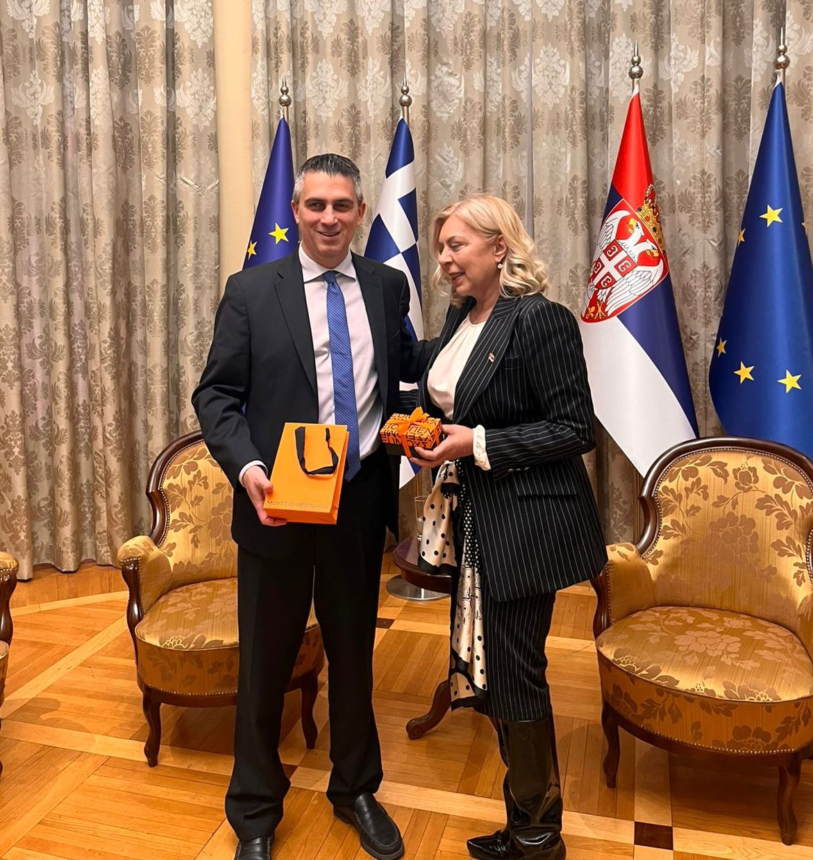 ο Υπουργός Υποδομών και Μεταφορών Χρίστος Δήμας με την Υπουργό Κατασκευών, Υποδομών και Μεταφορών της Σερβίας Aleksandra Sofronijevic