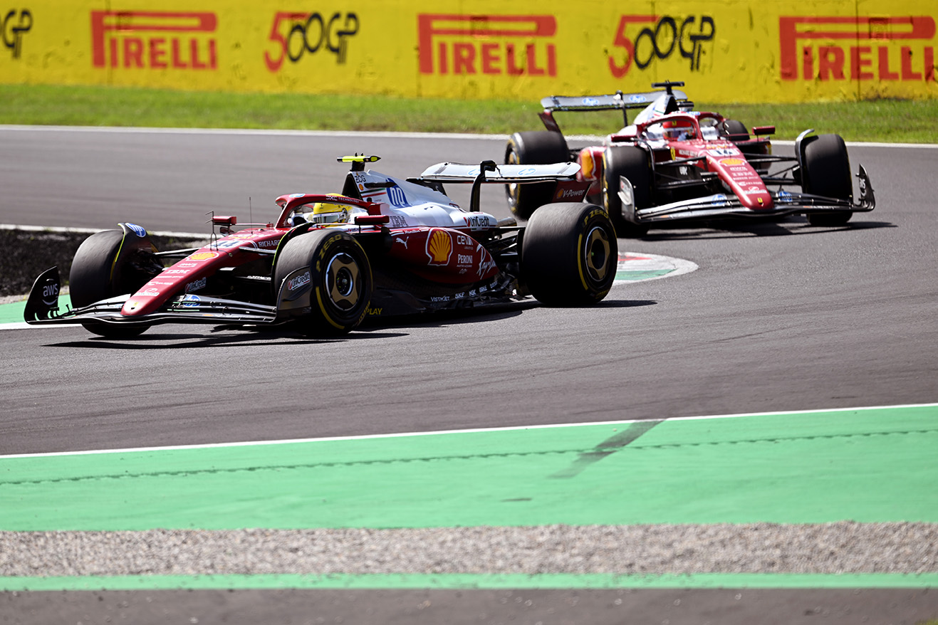 MONZA, ITALY - SEPTEMBER 06: Lewis Hamilton of Great Britain driving the (44) Scuderia Ferrari SF-25 leads Charles Leclerc of Monaco driving the (16) Scuderia Ferrari SF-25 on track during final practice ahead of the F1 Grand Prix of Italy at Autodromo Nazionale Monza on September 06, 2025 in Monza, Italy. (Photo by Simon Galloway/LAT Images)