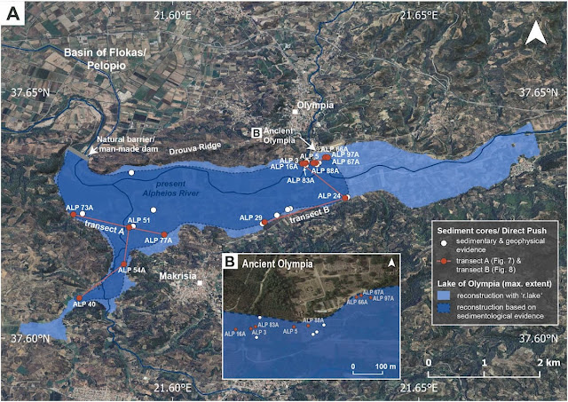 Σχεδιαστική αποτύπωση της μεγίστης έκτασης της λίμνης στην Ολυμπία με βάση ιζηματογενή στοιχεία και ψηφιακά δεδομένα εδάφους