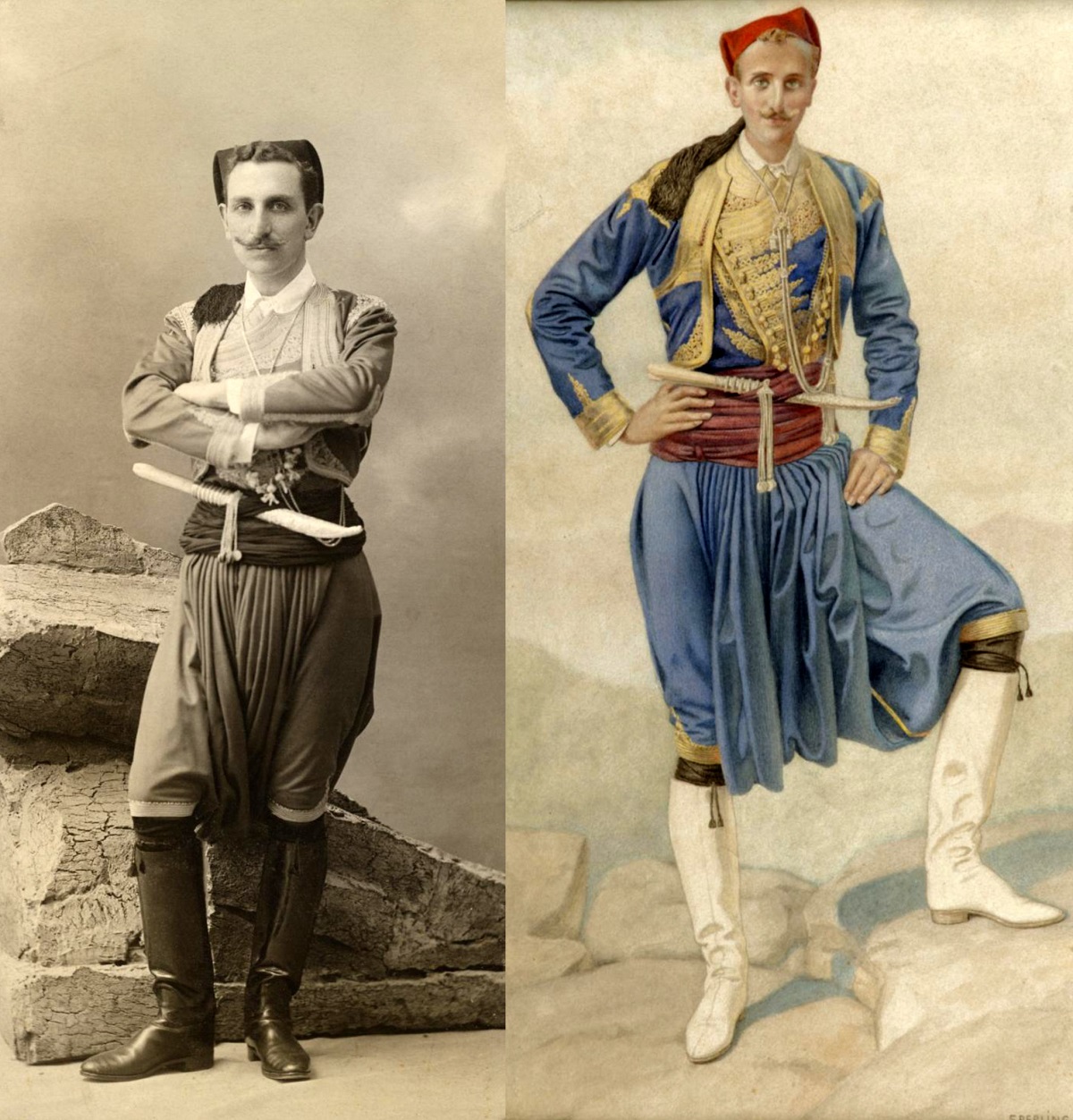 Ο Αλέξανδρος Μπενάκης με κρητική ενδυμασία, 1912-13 (αριστερά). Νικόλας Σπερλινγκ «Κρήτη - αστική», υδατογραφία σε χαρτί (δεξιά). Εικονίζεται ο Αλέξανδρος Μπενάκης (Μουσείο Μπενάκη)