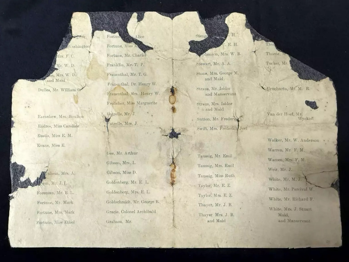 Η σκισμένη, λεκιασμένη λίστα επιβατών του Τιτανικού με τα ξεθωριασμένα ονόματα των επιβατών 