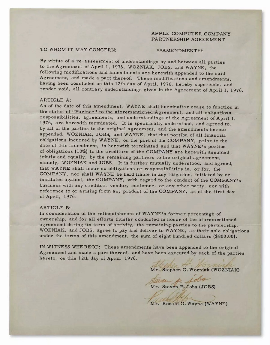 Το συμβόλαιο της αρχικής συμφωνίας για την σύσταση της Apple