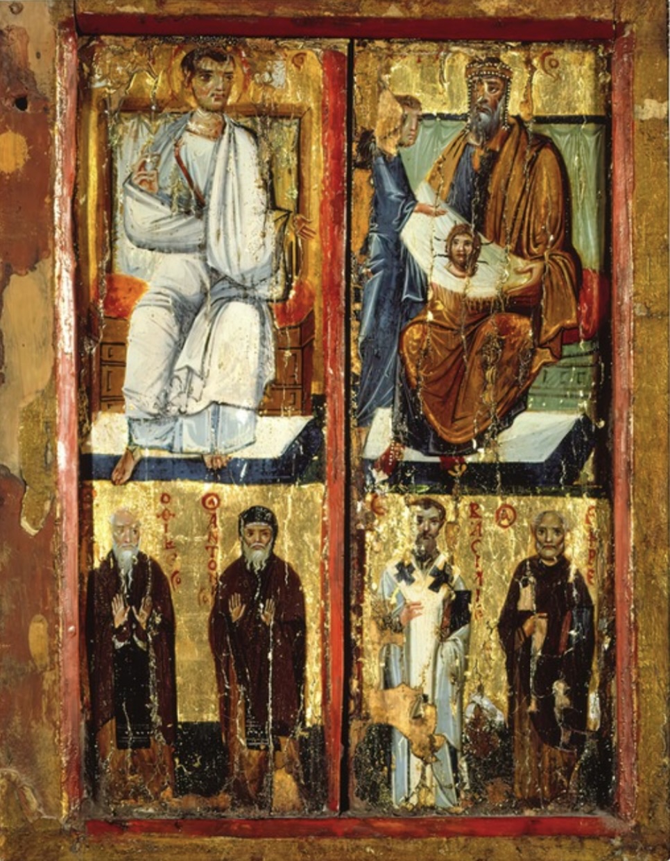 Ο απόστολος Θαδδαίος (επάνω αριστερά), ο βασιλιάς Άβγαρος (επάνω δεξιά), οι άγιοι Παύλος ο Θηβαίος, Αντώνιος ο Μέγας, Βασίλειος ο Μέγας και Εφραίμ ο Σύρος (κάτω, από αριστερά). Μέσα 10ου αιώνα, Σινά, μονή της Αγίας Αικατερίνης. Ο βασιλιάς Άβγαρος, ο οποίος κρατεί το άγιο Μανδήλιο με το μεταφυσικό αποτύπωμα του προσώπου του Χριστού, έχει τη μορφή του αυτοκράτορα Κωνσταντίνου Ζ΄ Πορφυρογεννήτου