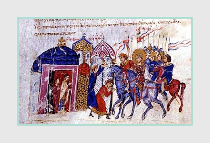 Η είσοδος του αυτοκράτορα και της ακολουθίας του στη Μεγάλη Εκκλησία. Μικρογραφία από χειρόγραφο, Σύνοψις Ιστοριών Ιωαννου Σκυλίτζη