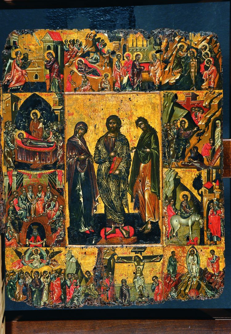 Εικόνα με τη Δέηση και το Δωδεκάορτο. Στην πάνω ζώνη διαδοχικά ο Ευαγγελισμός, η Γέννηση του Χριστού και η Βάπτισή του από τον Ιωάννη Πρόδρομο, β΄ μισό 15ου αιώνα