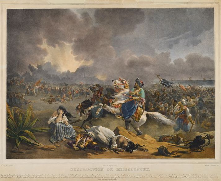 Γκόντενφροϊ Ένγκελμαν (χαράκτης) – Λουί Στανισλάς Μαρίν-Λαβίν (σχεδιαστής) «Η καταστροφή του Μεσολογγίου», 1827, επιχρωματισμένη λιθογραφία, Μουσείο Μπενάκη