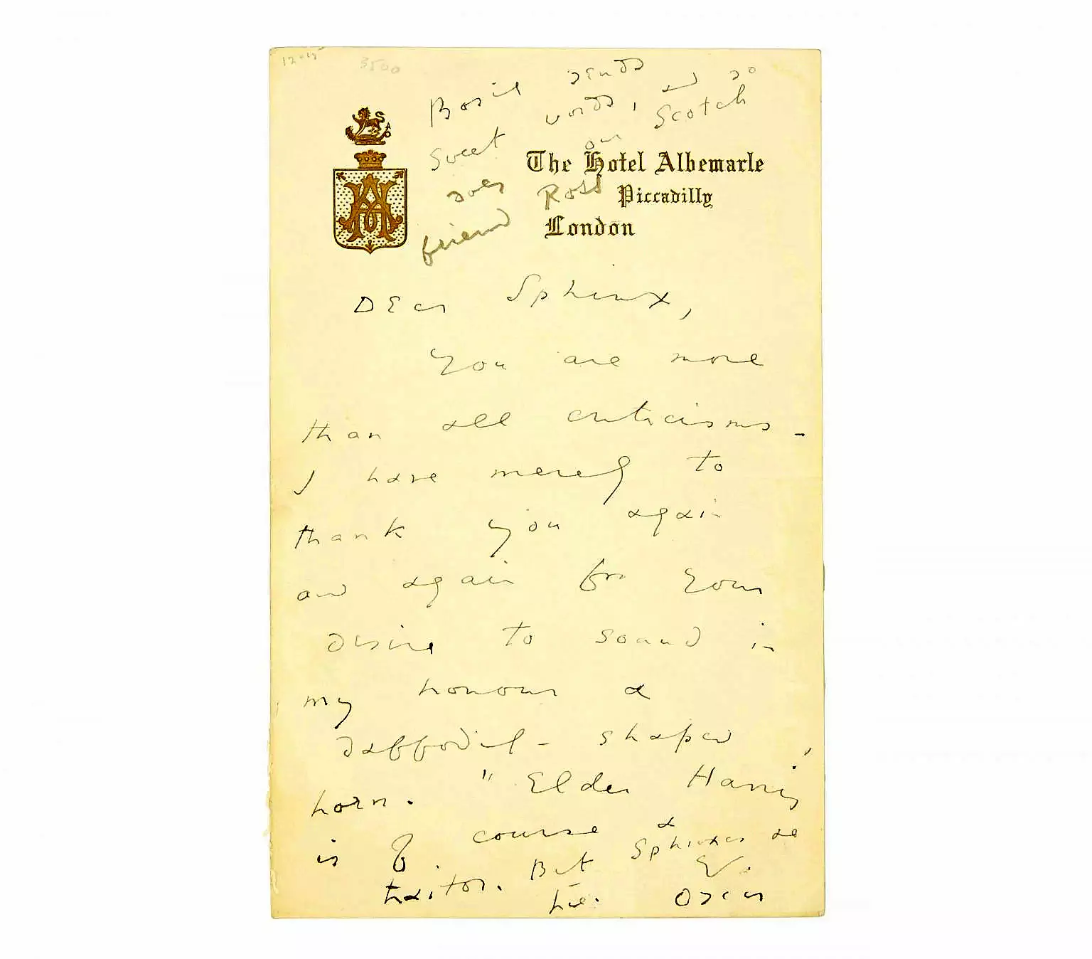 Χειρόγραφη επιστολή με ορατές τις καλλιγραφικές σημειώσεις και τις σχολιασμένες παρατηρήσεις του Όσκαρ Ουάιλντ. Προς την Άντα Λέβερσον υπογεγραμμένη από τον Όσκαρ Ουάιλντ