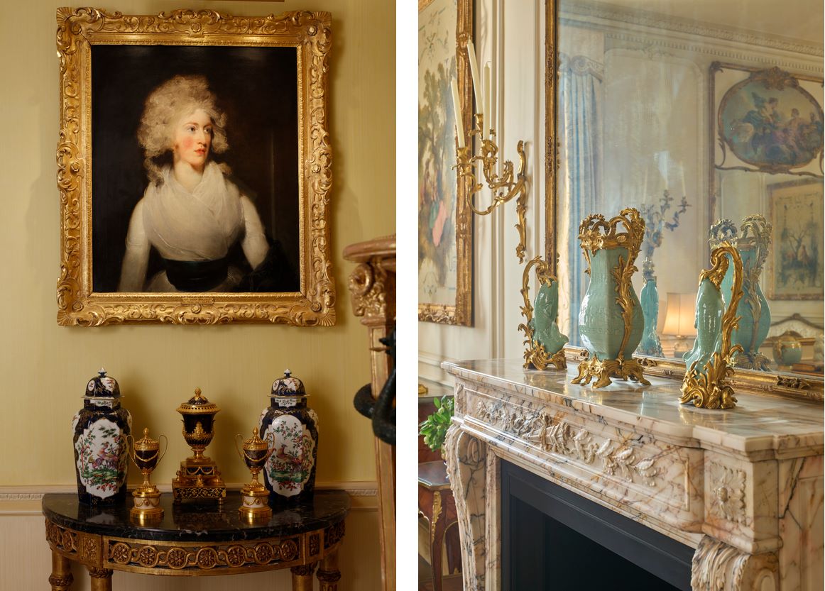 Πίνακας του Τόμας Λόρενς (1769-1830)  και μπλε βάζα του Μάθιου Μπούλτον στην τραπεζαρία των Έιτκεν (αριστερά). Το τζάκι του σαλονιού με βάζα από κινέζικη πορσελάνη