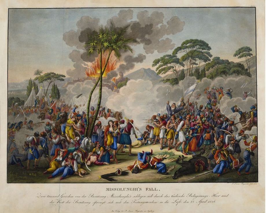 Η Έξοδος του Μεσολογγίου, 1826. Επιχρωματισμένη ακουατίντα  του Johann Lorenz II Rugendas,  Μουσείο Μπενάκη 