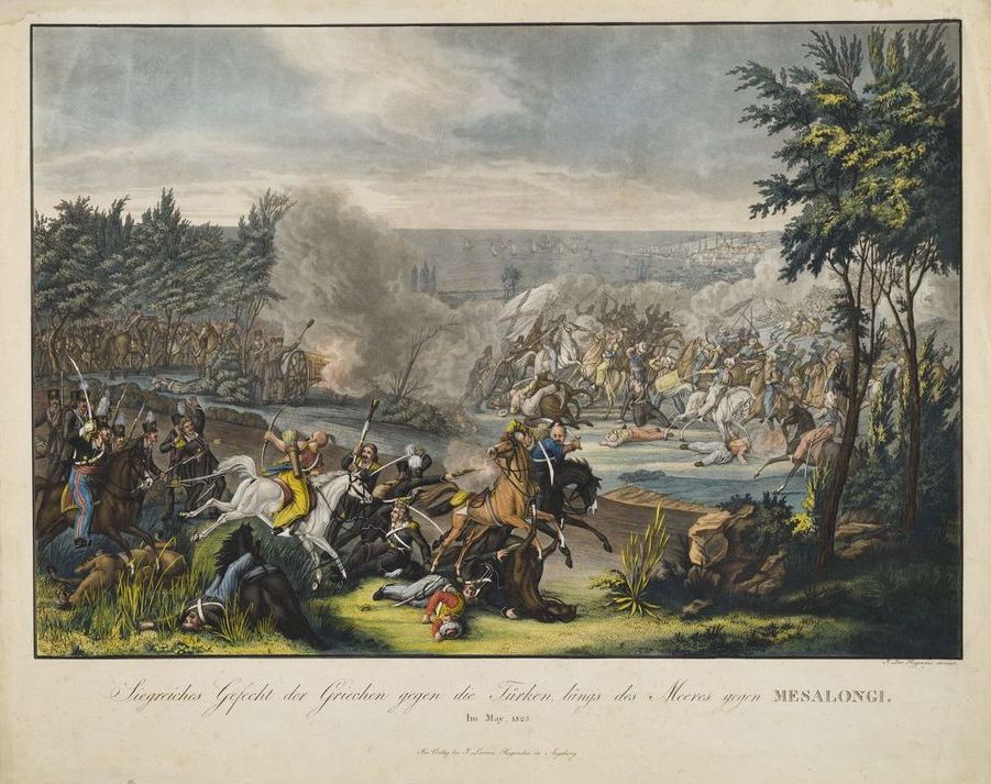 Σκηνή από την πολιορκία του Μεσολογγίου, Μάιος 1825. Επιχρωματισμένη ακουατίντα του Johann Lorenz II Rugendas, Μουσείο Μπενάκη 