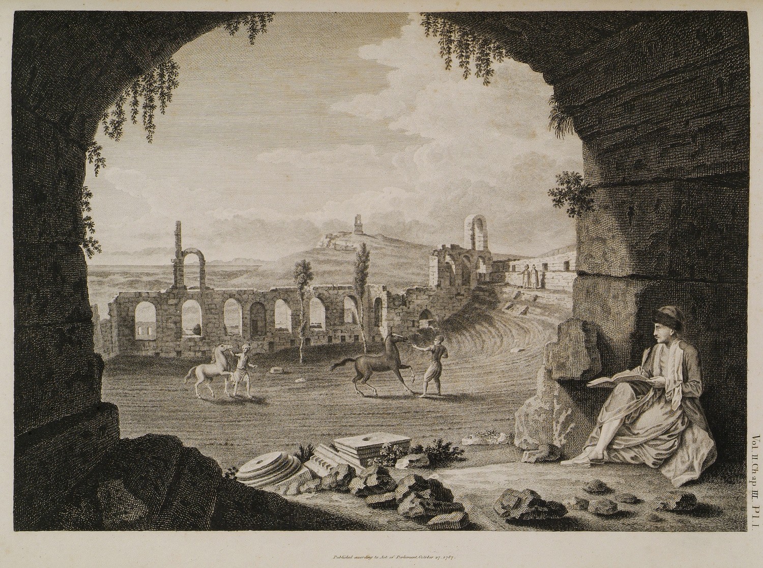 Άποψη του Ωδείου Ηρώδου του Αττικού το 1787. Στη τα άλογα του φρούραρχου της Ακρόπολης