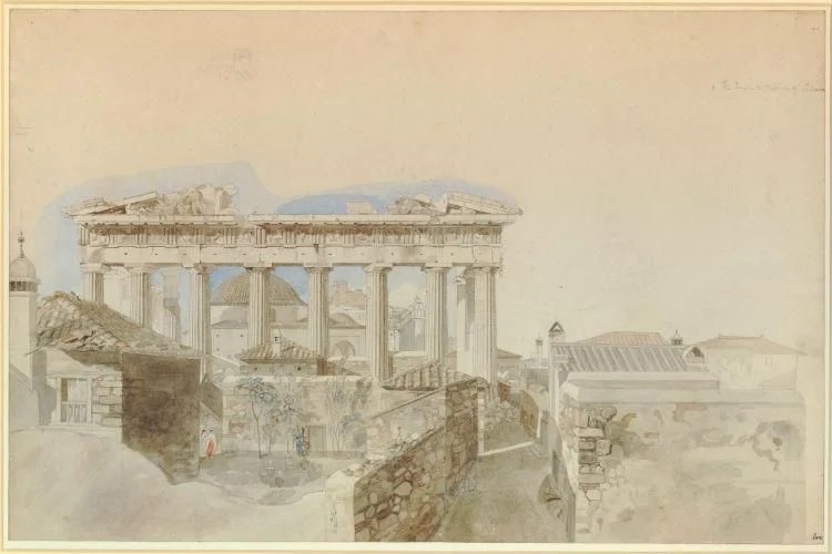 Ουίλιαμ Παρς, σχέδιο του ανατολικού μετώπου του Παρθενώνα με τον κατεστραμμένο ναό, που περιβάλλεται από κατοικίες και τζαμί, 1764–1766