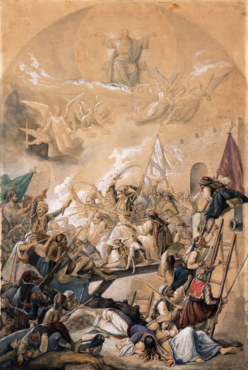  «Η Έξοδος του Μεσολογγίου» (1850),  υδατογραφία σε χαρτί, Εθνικό Ιστορικό Μουσείο   