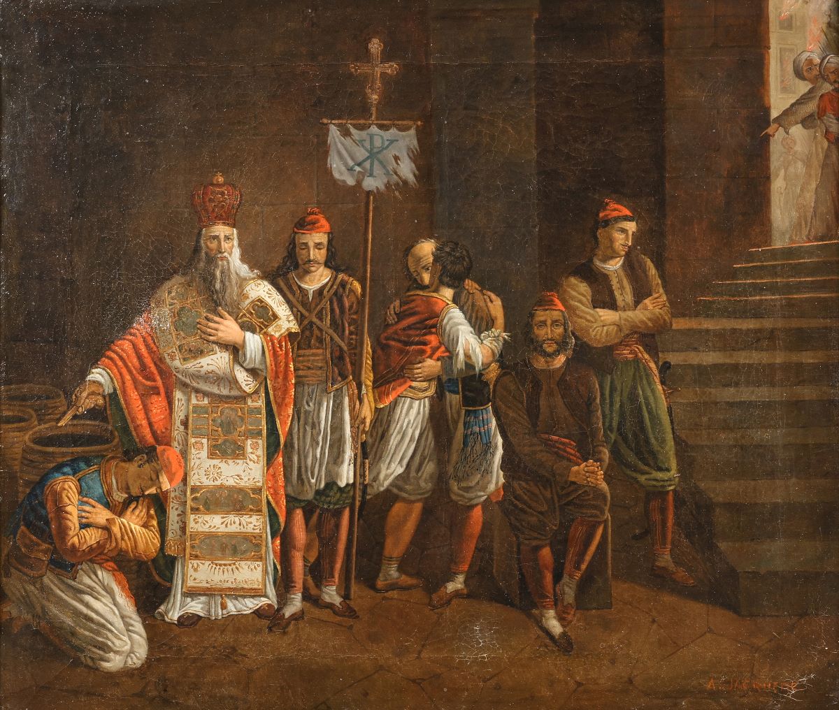 Α. Ζακέμ «Οι εναπομείναντες της φρουράς του Μεσολογγίου τη στιγμή που βάζουν φωτιά στην πυριτιδαποθήκη για να ανατιναχθούν», ελαιογραφία, Συλλογή Μιχάλη και Δήμητρας Βαρκαράκη