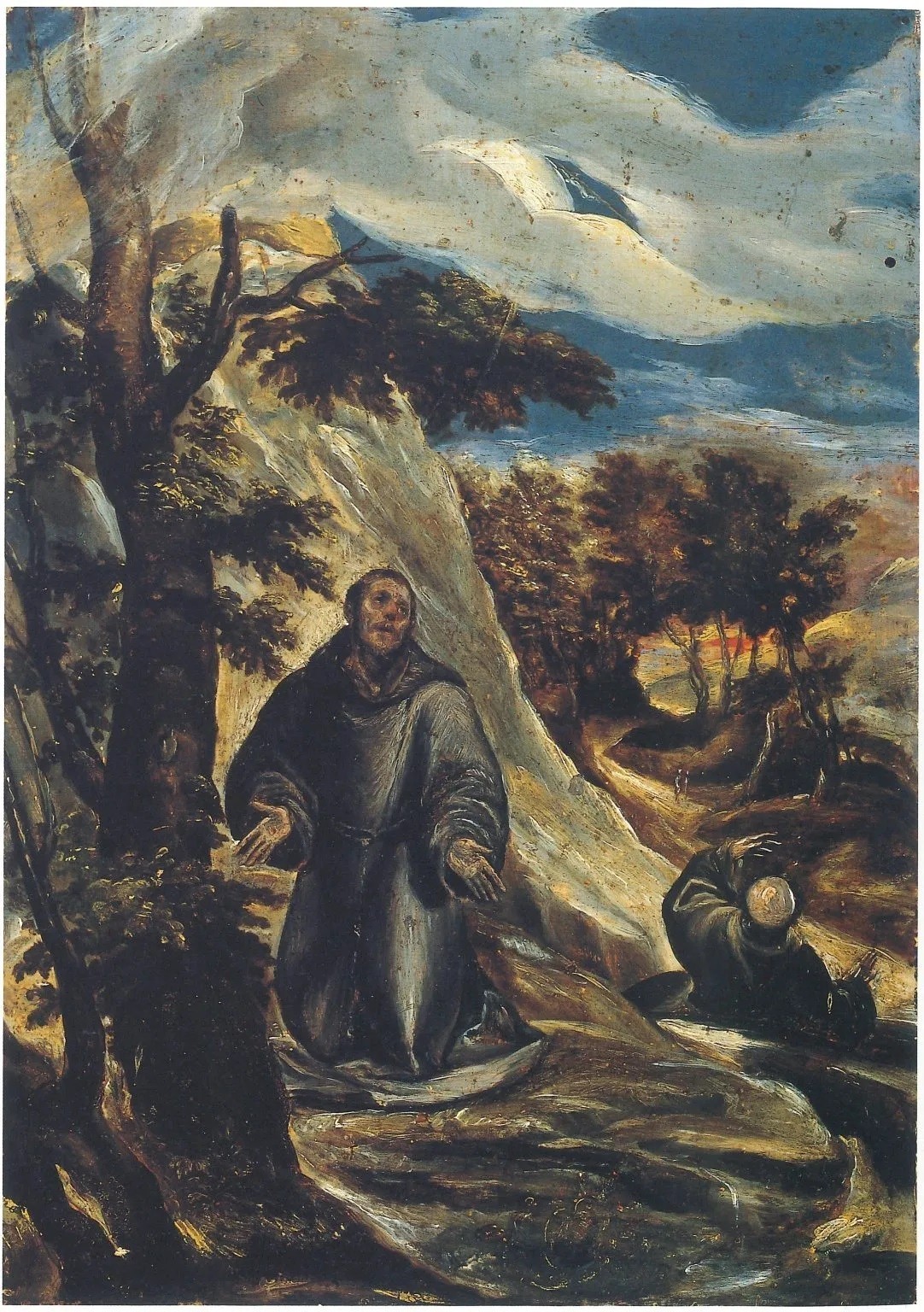 Ελαιογραφία του Ελ Γκρέκο, που απεικονίζει τον Άγιο Φραγκίσκο να ελίσσεται μέσα από ένα δασώδες μονοπάτι, με βουνά στο (περ. 1570)