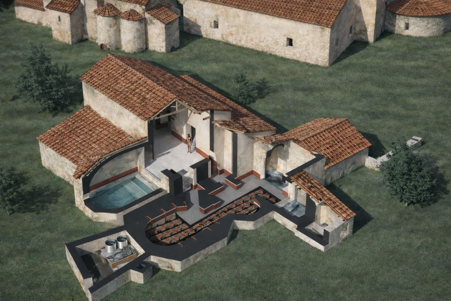 Τομή αναπαράστασης της δυτικής πτέρυγας της έπαυλης