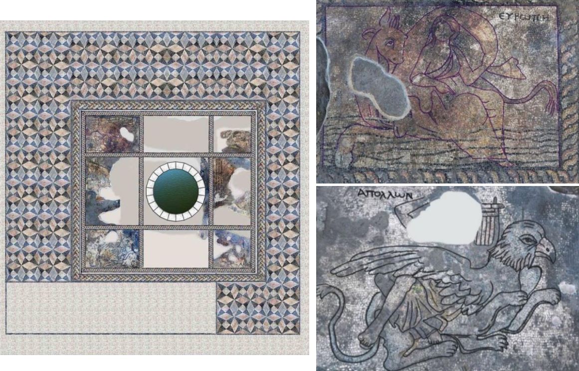Σχεδιαστική αναπαράσταση ψηφιδωτών δαπέδων με την Ευρώπη και τον Απόλλωνα 