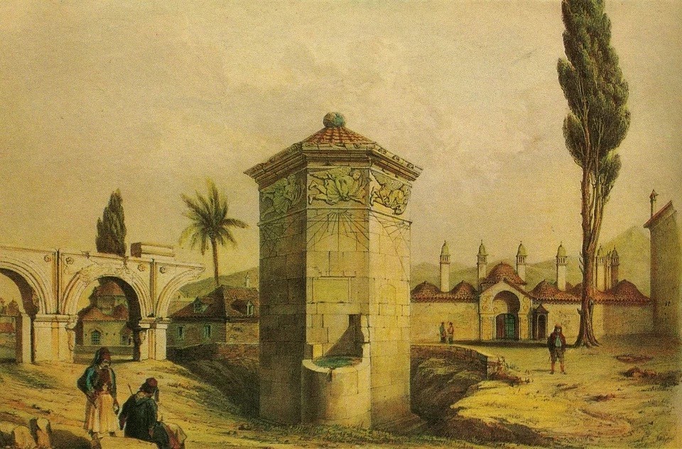 Το Ωρολόγιον του Κυρρήστου και στο βάθος δεξιά ο Μεντρεσές σε ζωγραφική απεικόνιση τον 19ο αιώνα