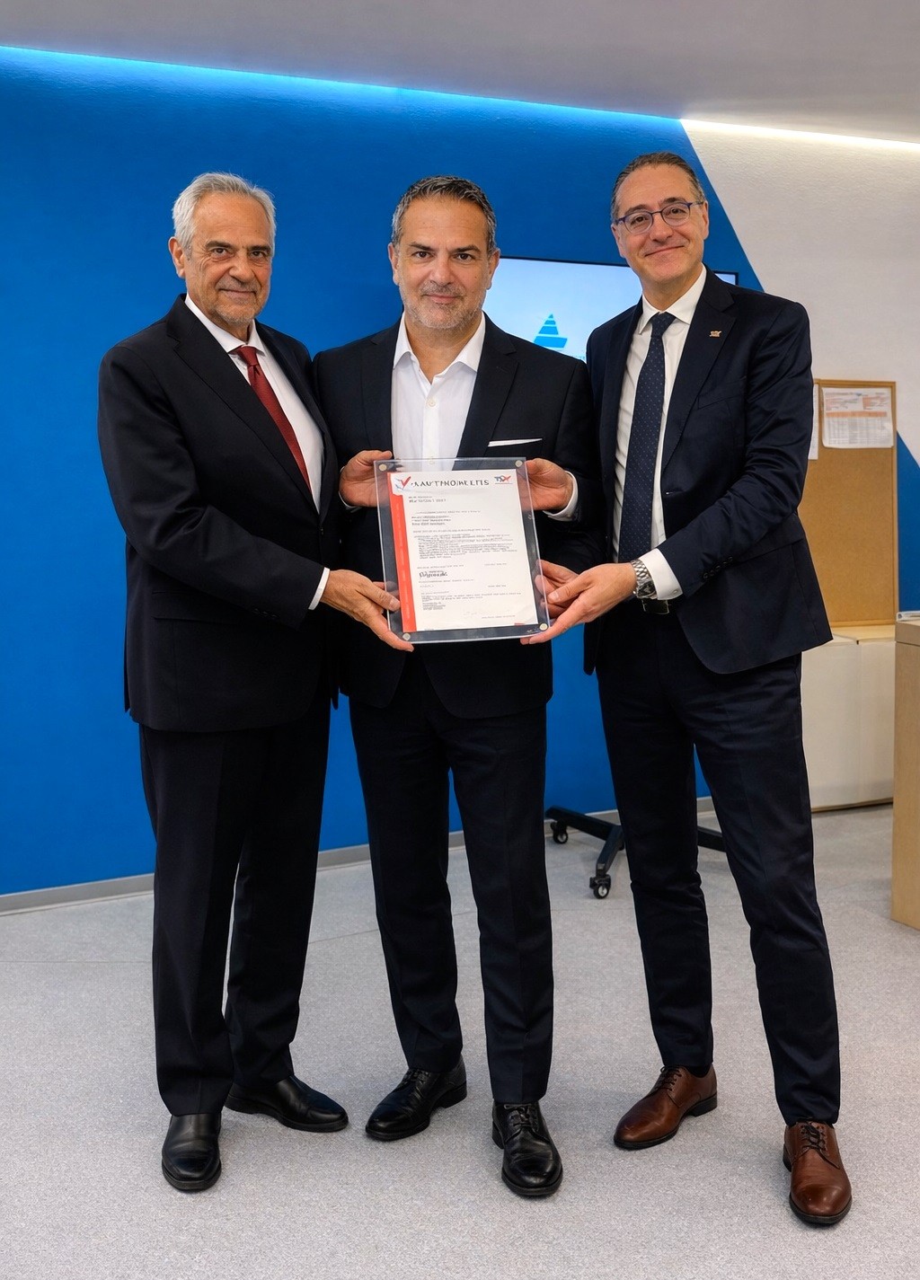 Από τα αριστερά προς τα δεξιά :Χάρης Κωνσταντινίδης, CEO και Μέλος Δ.Σ. της Mellon Technologies
Άγγελος Αγγελίδης, CCS & BPO Business Line Head του Ομίλου Mellon και Μέλος Δ.Σ. της Mellon Technologies
Ιωάννης Καλλιάς, Country Manager της TÜV AUSTRIA στην Ελλάδα