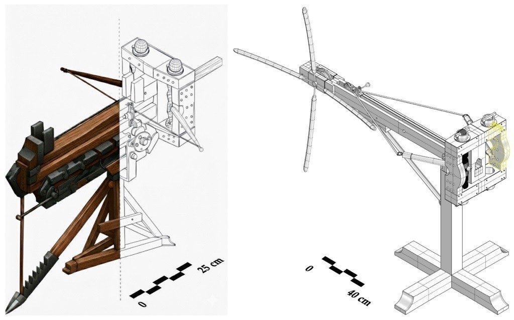 Αξονομετρικό σχέδιο και αναπαράσταση του πολύβολου