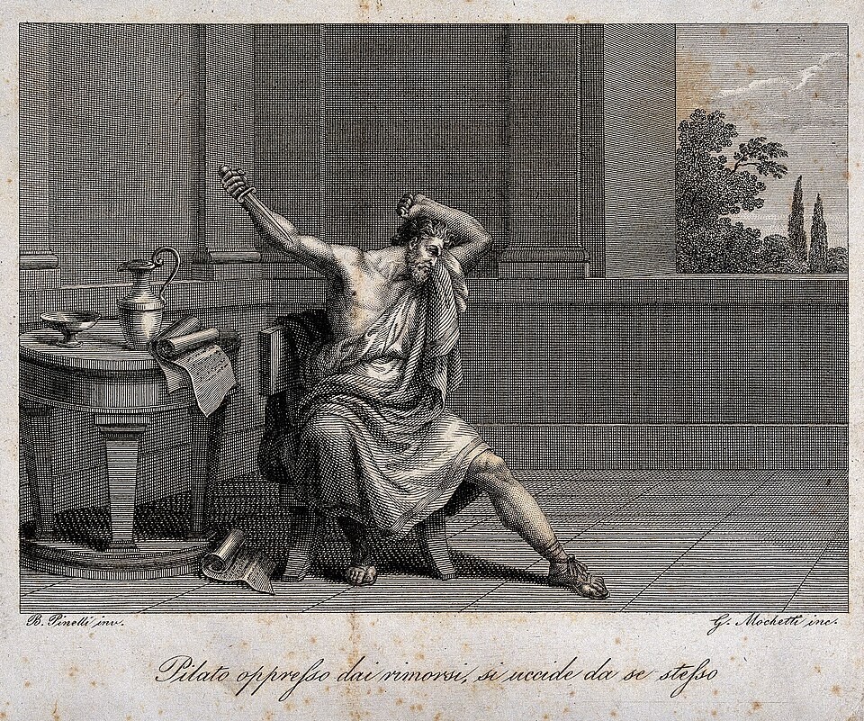 Ο μετανιωμένος Πιλάτος ετοιμάζεται να αυτοκτονήσει. Γκραβούρα του Τζ, Μοκέτι, αρχές 19ου αιώνα.