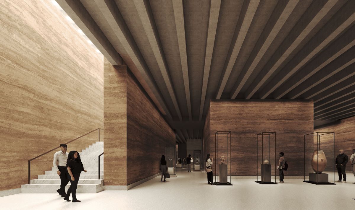 Κεντρικός χώρος ισογείου με εμβληματικά έργα των συλλογών (ΕΑΜ). Φωτορεαλιστική απεικόνιση