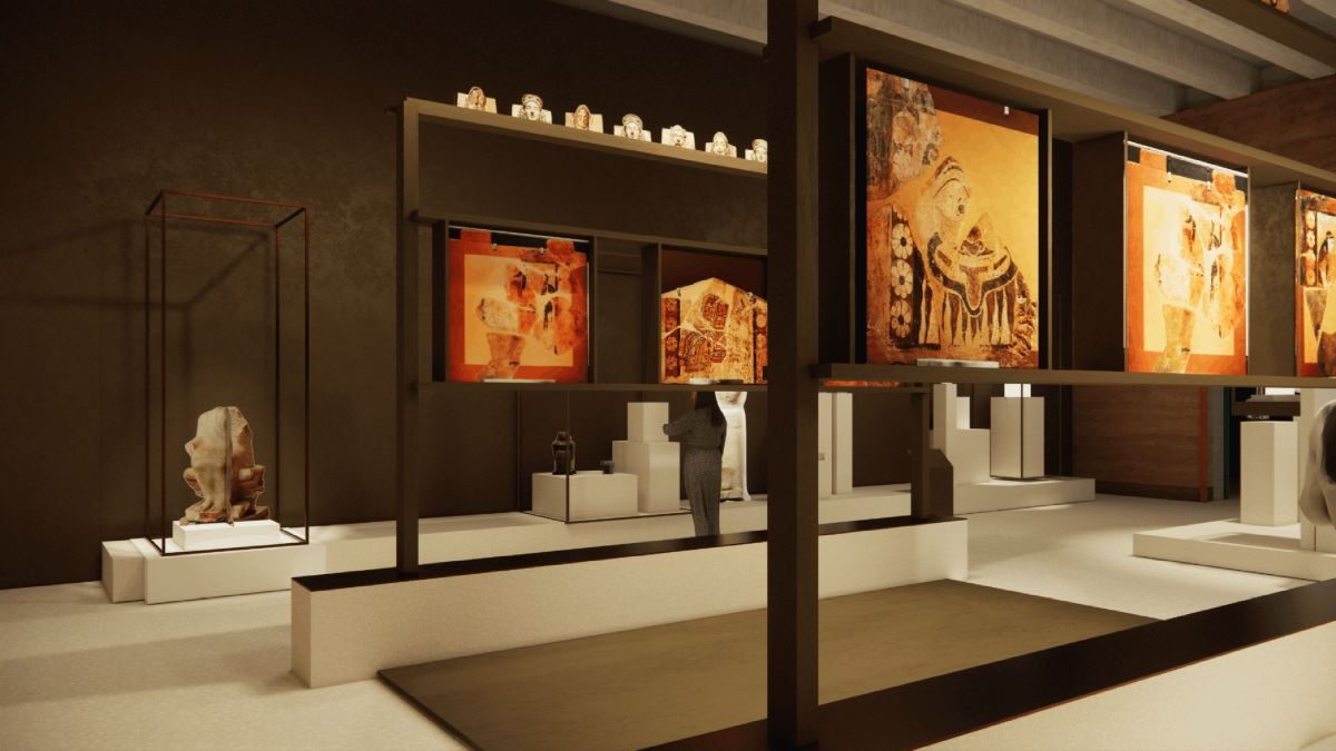 Φωτορεαλιστική απεικόνιση αίθουσας με εκθέματα από την Ανατολή και τη Δύση (ΕΑΜ)