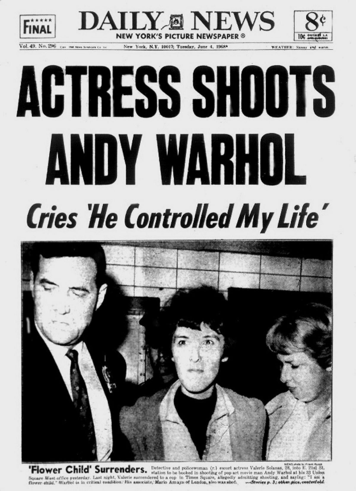 Πρωτοσέλιδο η επίθεση στον Άντι Γουόρχολ  με την Βάλερι Σολάνας στο κέντρο (1968)