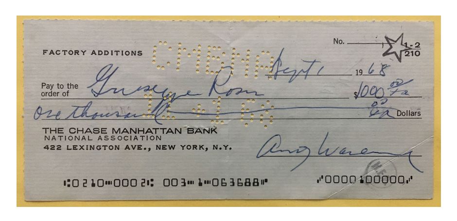 Επιταγή του Άντι Γουόρχολ με αποδέκτη  τον γιατρό, που τον χειρούργησε