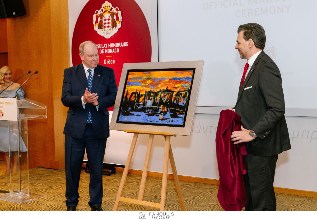 Ο πίνακας ζωγραφικής φιλοτεχνημένος από την Μίνα Παπαθεοδώρου-Βαλυράκη δώρο του Δρα. Βασίλη Αποστολόπουλου προς τον Α.Γ.Υ. Πρίγκηπα Αλβέρτο Β. του Μονακό