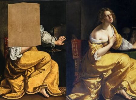 Ένα κατεστραμμένο πορτρέτο της Μαρίας Μαγδαληνής από την Αρτεμισία Τζεντιλέσκο (αριστερά) και μία παρόμοια εκδοχή του πίνακα (δεξιά) στο Παλάτσο Πίτι της Φλωρεντίας