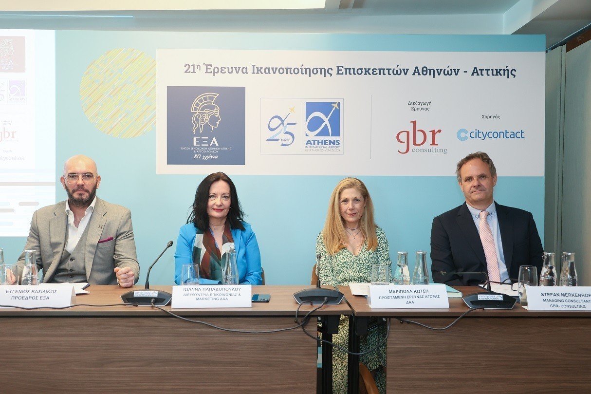 Από αριστερά: Ο κ. Ευγένιος Βασιλικός, Πρόεδρος, ΕΞΑ, η κ. Ιωάννα Παπαδοπούλου, Διευθύντρια Επικοινωνίας & Μάρκετινγκ, ΔΑΑ, η κ. Μαριπόλα Κώτση, Τομεάρχης Έρευνας Αγοράς, ΔΑΑ και ο κ. Stefan Merkenhof, Managing Consultant, GBR Consulting