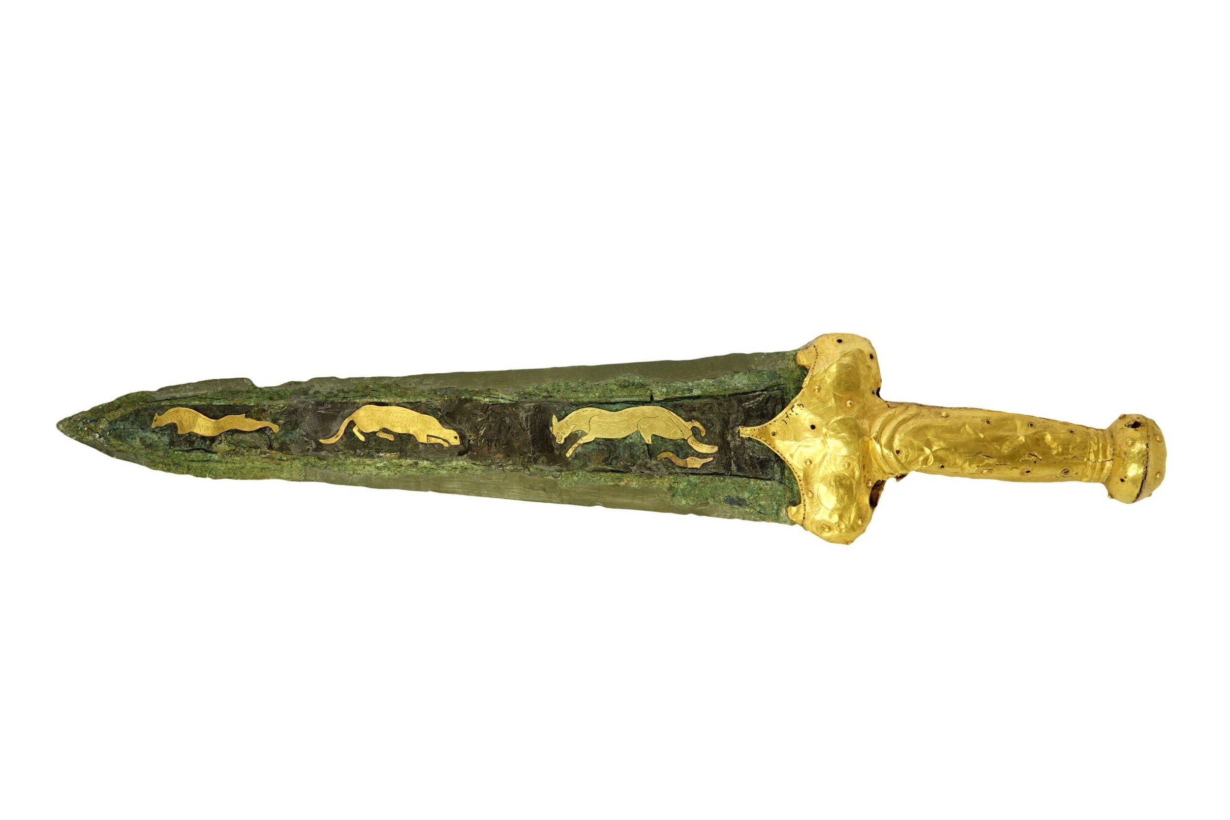 Χάλκινο εγχειρίδιο με χρυσεπένδυτη λαβή. Διακοσμημένο με την τεχνική της «ζωγραφικής σε μέταλλο». Μυρσινοχώρι, Θολωτός τάφος 2, 1520-1360 π.Χ. Εθνικό Αρχαιολογικό Μουσείο