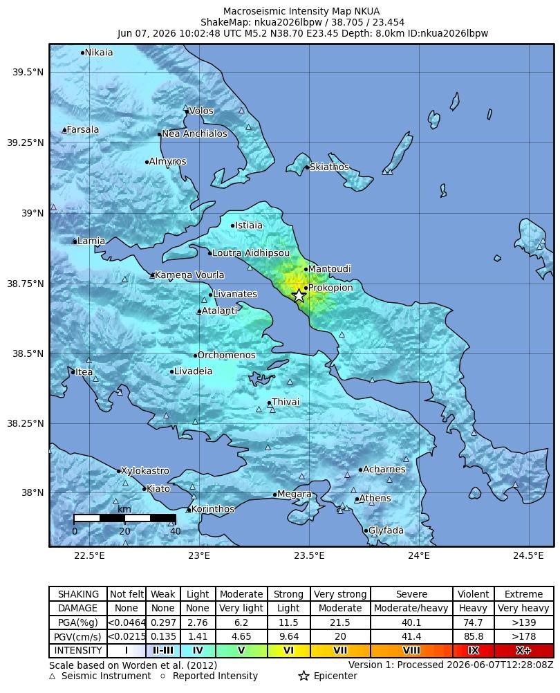 Εικόνα 3. Χάρτης αισθητότητας (ShakeMap) σεισμού M5.2 της 7ης Ιουνίου 2026 στην ευρύτερη περιοχή γύρω από το επίκεντρο (Προκόπι Εύβοιας), από το ΕΣ-ΕΚΠΑ.