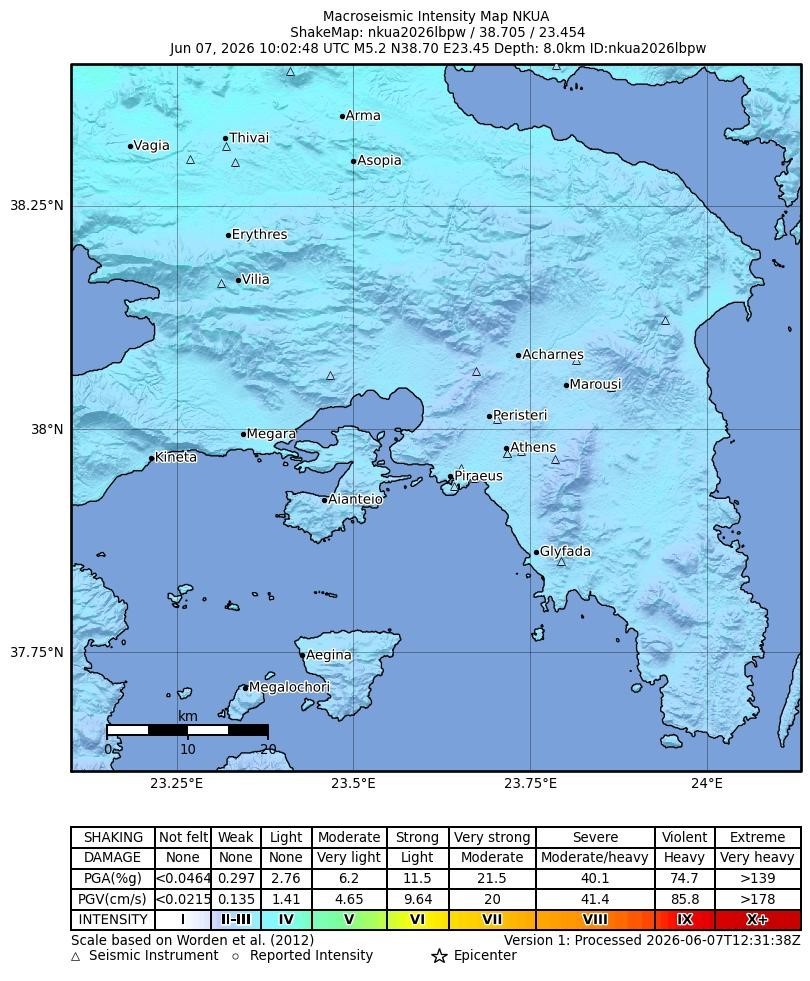 Εικόνα 4. Χάρτης αισθητότητας (ShakeMap) του σεισμού M5.2 της 7ης Ιουνίου 2026 κοντά στο Προκόπι Εύβοιας, στην ευρύτερη περιοχή της Αττικής, από το ΕΣ-ΕΚΠΑ.