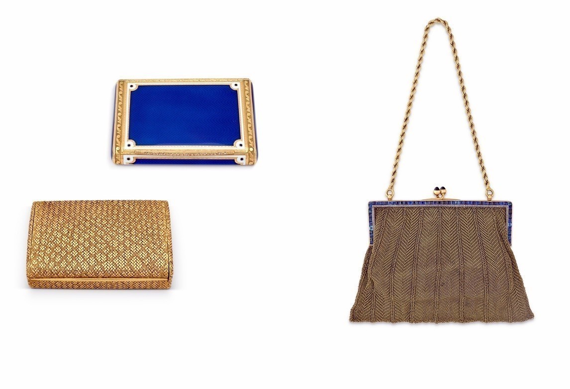 Χρυσή ταμπακερή Van Cleef & Arpels, ταμπακερή Serra Roma από σμάλτο και διαμάντια και βραδινή τσάντα με ζαφείρια και διαμάντια (περίπου 1925) από τη συλλογή της Κλαούντια Καρντινάλε