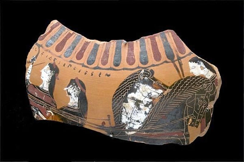 Θραύσμα πήλινης λουτροφόρου που διασώσει το όνομα του δημιουργού ΤΑΛΕΙΔΕΣ ΕΠΟΙΕΣΕΝ (περί το 550 π.Χ.). Μουσείο Ακρόπολης