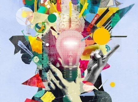 Thought processes, human mind, problem solving. Thoughts, creativity, emotions, mental health, art design mixed media collage. Psychology, brainstorming, ideas, self-analysis, mental disorders and wellbeing, cognitive processes