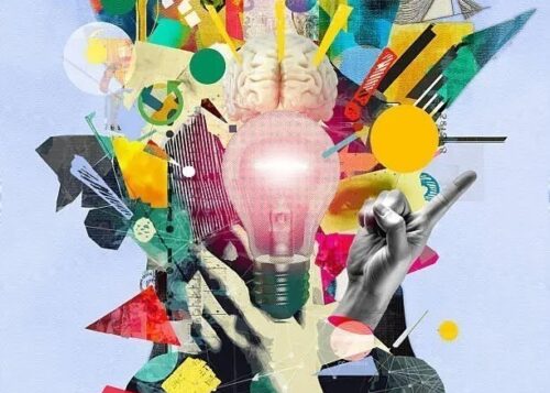 Thought processes, human mind, problem solving. Thoughts, creativity, emotions, mental health, art design mixed media collage. Psychology, brainstorming, ideas, self-analysis, mental disorders and wellbeing, cognitive processes